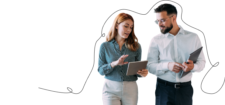 MERIX Financial team members talking while holding tablets